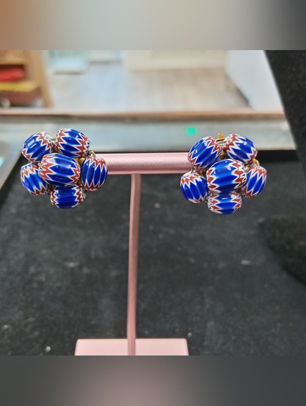Cobalt Chevron African Trade Beads Clip-On Earrings. Made In Italy RARE
